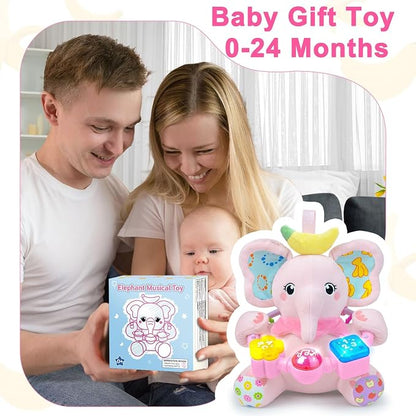 Holaxander Baby Elephant Musical Stuffed Animals Toy with Light-Up Music & Crinkle Sound Paper,Infant Bilingual Early Learning Education Toys,Tummy Time Toys for 0-3-6-12+ Months Boy Girl, Pink
