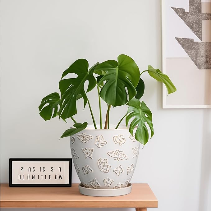 Ceramic Planter Pot - 6.8 Inch Plant Pot with Drainage Hole and Saucer, Succulent Round Flower Pot for Plants Indoor Outdoor, White