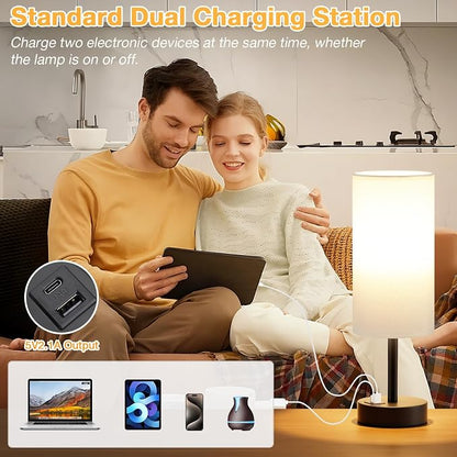 Dicoool Bedside Table Lamp for Bedroom - 3-Way Dimmable Touch Lamp, USB A+C | LED Bulb Included, 14" Small Nightstand Lamp for Desk, Living Room, Guest Room, White Fabric Lampshade, Black Metal Base