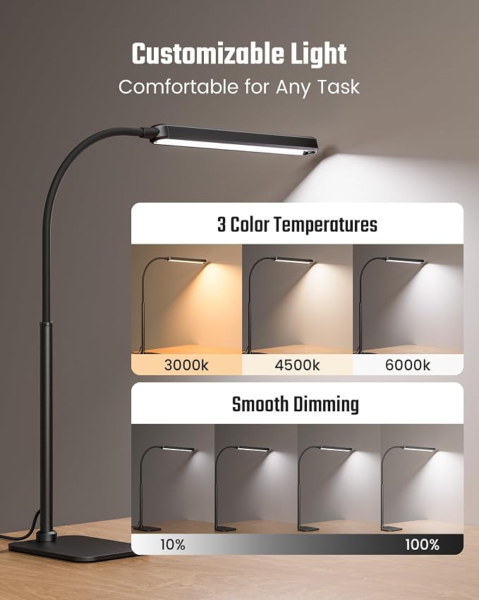 SUPERDANNY Eye-Caring LED Desk Lamp with Base 360° Flexible Gooseneck Work Lamp Touch Control 3 Light Colors Smooth Dimming Task Lighting Reading Light for Home Office College Dorm, Black