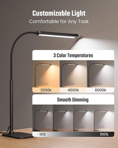 SUPERDANNY Eye-Caring LED Desk Lamp with Base 360° Flexible Gooseneck Work Lamp Touch Control 3 Light Colors Smooth Dimming Task Lighting Reading Light for Home Office College Dorm, Black