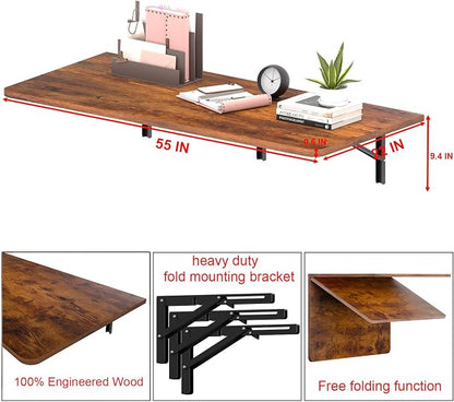 IAE 55x22in Floating Fold Desk,Wall-Mounted Folding Computer Table,Rustic | Study Table with Shelf Brackets,Foldable Down Shelf with Engineered Wood,Fold Computer Desk for Small Apartment,Holds 511 lb