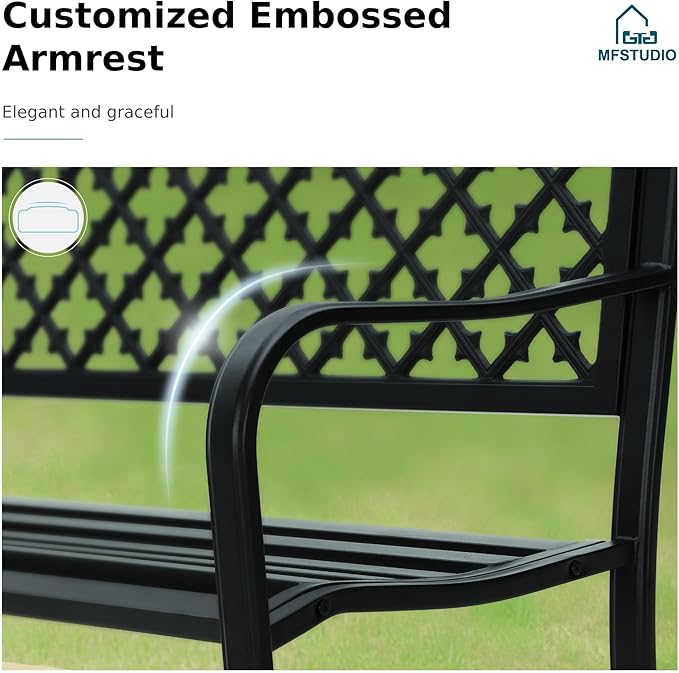 MFSTUDIO 50" Black Outdoor Metal Garden Bench, Cast Iron Frame Patio Furniture with E-Coating, Perfect for Porch and Yard