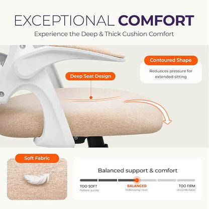 NEO CHAIR Office Desk Gaming Ergonomic Computer Chair with Lumbar Back Support Adjustable Height Swivel Rolling Wheels Flip-up Arms Mesh Chair for Home Vanity (Beige) | Lumbar Support, Height Adjustment, 360° Swivel and Rolling Base, Space-Saving Desig...