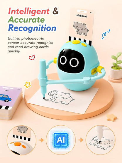 Kikapabi Drawing Robot Toys for Kids, 220 Flash Cards Gift for 3-8 Years Old Boys Girls, Montessori Doodle Art Painting with Voice Interactive for Beginners, Birthday (Blue)