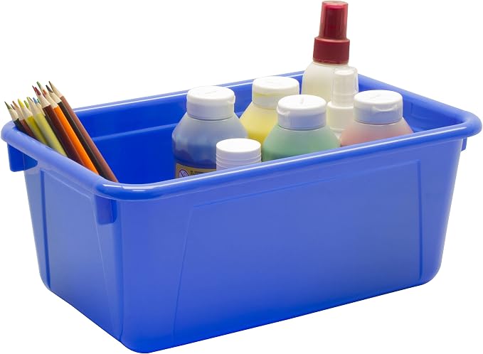 Storex Small Cubby Bins – Plastic Storage Containers for Classroom with Non-Snap Lid, 12.2 x 7.8 x 5.1 inches, Assorted Colors, 5-Pack (62406A05C)