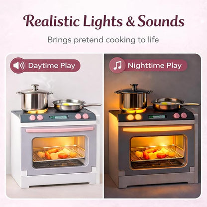 Doll Kitchen Playset for Kids, My Modern Mini Kitchen House Furniture Pretend Play Toy Accessories Set with Realistic Lights & Sounds for Toddlers, Girls (4-in-1)