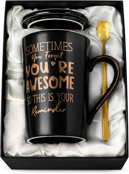 Anniversary Birthday Thank You Gifts for Men, 14oz Unique Black Ceramic Mug | Sometimes You Forget You're Awesome - Gold Print Inspirational Cup, Funny Valentines Day Presents for Boyfriend Husband Him