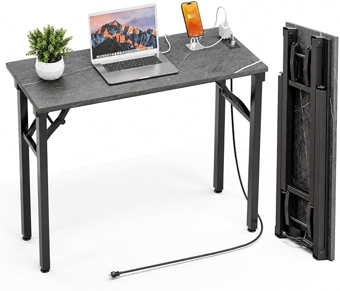 Folding Table Computer Desk - 35.8" No Assembly Folding Desk with Power Outlets & USB Charging Port, Small Desk, Foldable Office Desk, Compact Storage Portable Use for Small Space, Marble Greige