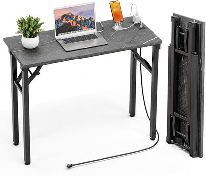 Folding Table Computer Desk - 35.8" No Assembly Folding Desk with Power Outlets & USB Charging Port, Small Desk, Foldable Office Desk, Compact Storage Portable Use for Small Space, Marble Greige