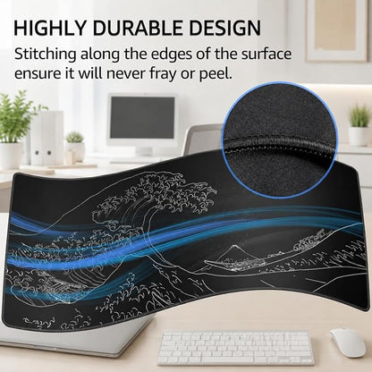 KTRIO Large Gaming Mouse Pad, Desk Mat, 31.5 x 11.8 in, Kanagawa Wave, XL | Smooth Micro-Weave Surface, Artistic Pattern Design, Non-Slip Rubber Base, Durable Stitched Edges, Office & Home Use