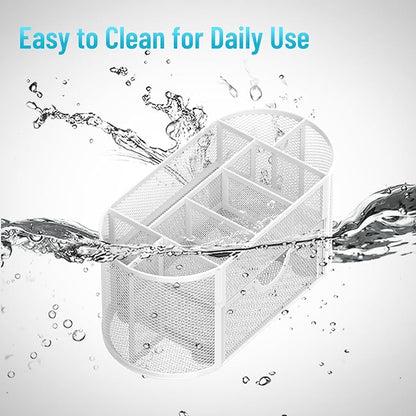 Mesh Desk Organizer with Drawer, 9-Compartment Pen Holder for Desk, White | Pull-Out Drawer Stores Pens, Pencils, Clips, Notes, and Small Office or School Supplies in One Compact Desk Caddy