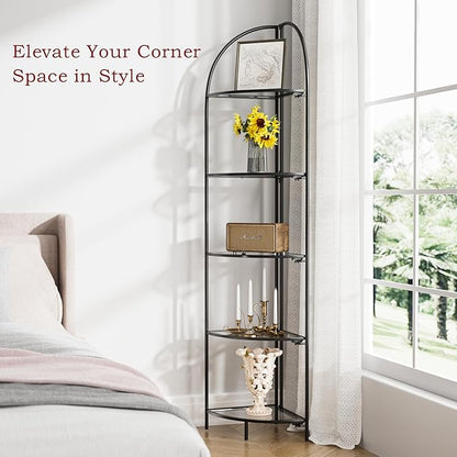 Crofy Foldable 5 Tier Corner Shelf, Metal Corner Plant Stand with Black Frame and Transparent Shelves, Corner Display Rack Multipurpose Shelving Unit for Living Room, Bedroom, Bathroom
