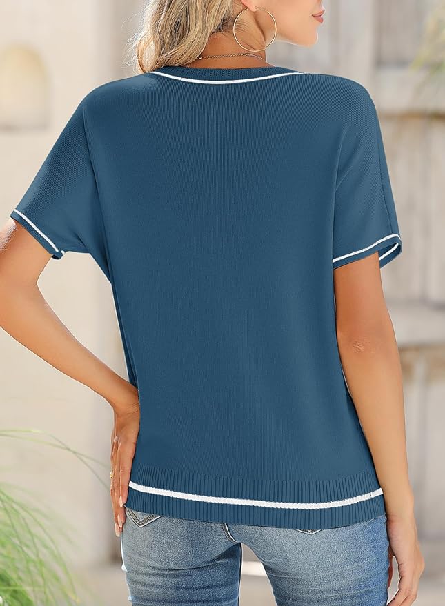 SHEWIN Womens Tops Trendy Short Sleeve Shirts Crewneck Lightweight Knit Sweater Top Business Casual Outfits