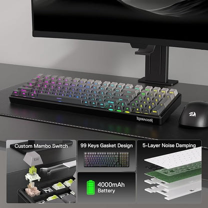 Redragon K744 GB PRO 99 Keys Wireless Gasket RGB Gaming Keyboard, 3-Mode Mechanical Keyboard w/Hot-Swap Socket, Gradient PBT Keycaps & 5-Layer Noise Dampening, Custom Linear Switch