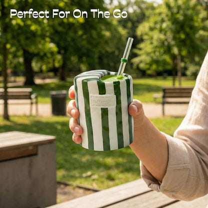 Ceramic Coffee Mug with Lid, Ceramic Travel Mug with Straw Hole, 12oz Retro Striped To Go Coffee Mug for Hot & Cold Drinks, Microwave & Dishwasher Safe，Green