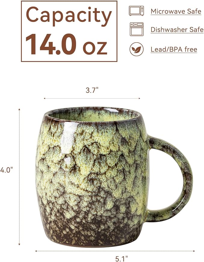 Amber Nebula Ceramic Coffee Mug - 14 oz Unique Reactive Glaze Coffee Cup with Large Handle, Barrel Cute Mug for Women Men Home Office Gift