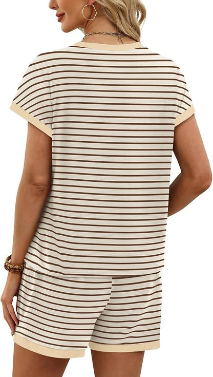 WIHOLL Two Piece Sets for Women Summer Lounge Short Sets Cap Sleeve Crew Neck Sweatsuit with Pocket XS-2XL