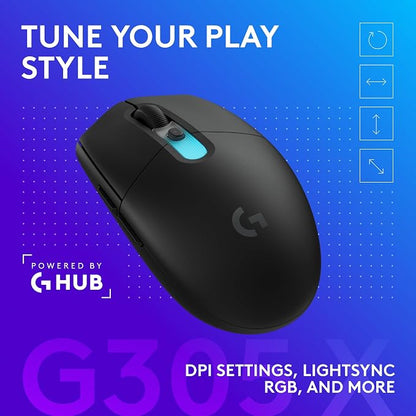 Logitech G305 X Superlight Wireless Gaming Mouse - Black | 59g Lightweight, 44K DPI, 678 IPS, Wireless 2.4 GHz/Bluetooth/USB-C, <170 hr Battery, 6 buttons, RGB, PC/Mac Compatible