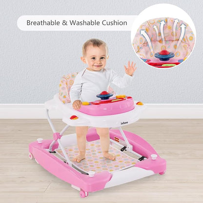 INFANS Baby Walker, 5 in 1 Behind Walker Learning Seated Rocker Bouncer with Removable Music Tray, Adjustable Height, Washable Seat Cushion, Foldable Activity Center for Toddlers (Pink)