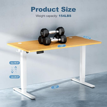 DUMOS 63 Inch Electric Standing Desk, Memory Adjustable Home Office Desk | Sit Stand Up Desk for Work Home Office,Adjustable Desk, Rising Computer Table with Splice Board,Cable Management,Hook,Oak