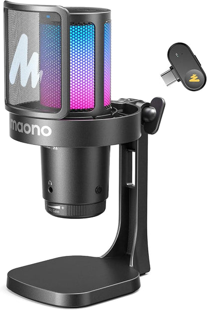 MAONO DGM20W Wireless Gaming Microphone for PC & Smartphones | USB-C Receiver, Clear Voice, Noise Reduction, Software Control, Custom RGB, Mute, Desk Stand, for Creators, Discord Streaming