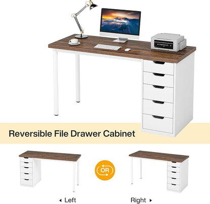 Tribesigns Computer Desk with 5 Drawers, 47 inches Rustic Brown Home Office Desk with Storage, Modern Simple Laptop Desk Study Writing Table for Small Spaces (1, Brown+White)