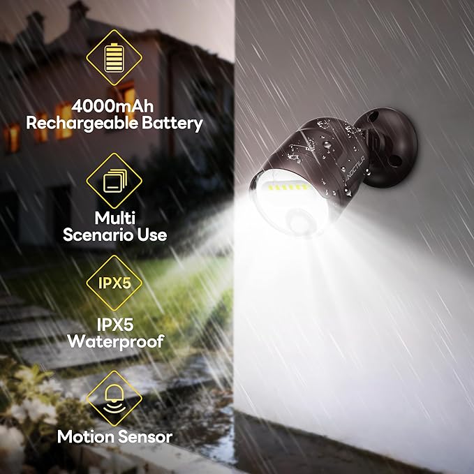Battery Operated Motion Sensor Light,4000mAh Rechargeable Battery Powered Spotlight 600 Lumen Outdoor IP65 Waterproof for Porch,Yard,Wall,Garden with Dusk to Dawn (Brown-2pcs)