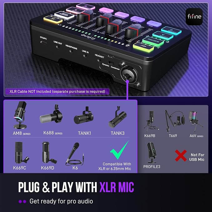 FIFINE Gaming Audio Mixer, Streaming RGB PC Mixer with XLR Microphone Interface, Individual Control, Volume Fader, Mute Button, 48V Phantom Power, for Podcast/Recording/Vocal/Game Voice-AmpliGame SC3 | USB PnP For PC,Mute Button,XLR Preamp,RGB,Voice ch...