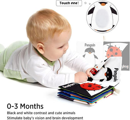 beiens Soft Baby Books - High Contrast Black & White Touch & Feel Crinkle Cloth Books for Infants & Toddlers, Early Educational Stimulation Toys, Baby Girl & Boy Gift, Animal