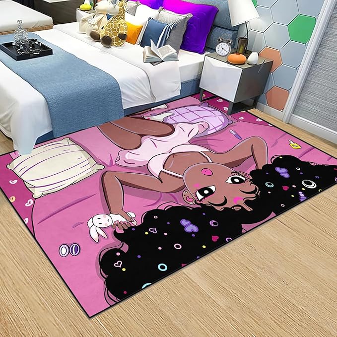 Black Magic Girls for Bedroom Large Cute African American Girls Floor Rugs for Bedroom Black Magic Girl Area Rug Girls Room Decor Pink Room Decor for Teen Girls, 5'×7'