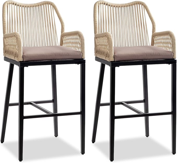 VINGLI Outdoor Bar Stools Set of 2, Heavy-Duty Outdoor Barstools Boho Woven Patio Bar Stools with Backrest, Patio Garden Balcony Pool Bar Chairs with Cushions (Apricot)