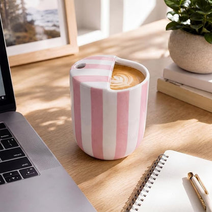 Ceramic Mug with Sip Hole 10 oz Novelty Pink Striped Ceramic Coffee Mug Hand Painted Travel Mugs Heat Resistant Non Slip Built in One Lid Handcraft Mugs for Coffee Lovers Appreciation Gift