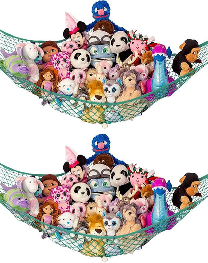 Stuffed Animal Hammock 2 Pack | Corner Stuffed Animal Storage & Plushie Net | Toy Hammock for Stuffed Animals | Holds 12lbs | Easy Hang, All Hardware Included | Green Bedroom Decor | by Lilly's Love