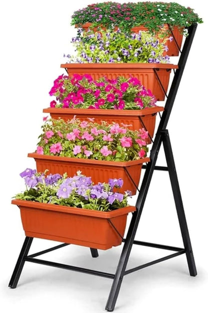 Suyncll Vertical Raised Garden Bed Planter Box,5 Tiers Vertical Garden Planter with Drainage System&4 Hooks for Herb Vegetables Flowers, Brick Red