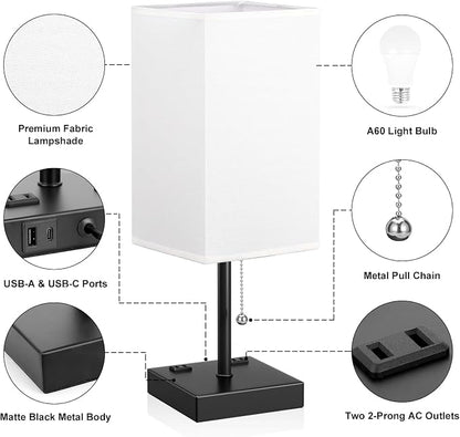 Bedside Lamp for Bedroom - 3 Color Temperatures, USB A+C, 2 AC Outlets | Pull Chain Switch, LED Bulb Included, White Fabric Shade, 17.4" Table Lamp for Nightstand, Desk, Living Room, Office