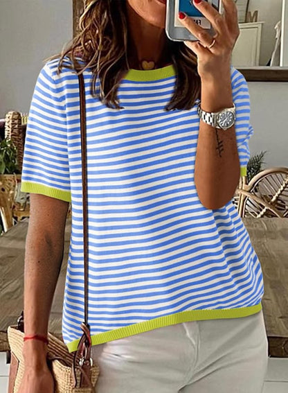 Dokotoo Womens Tops 2026 Casual Summer Crewneck Short Sleeve Striped Color Block Knit High Low Trendy Pullover Sweaters
