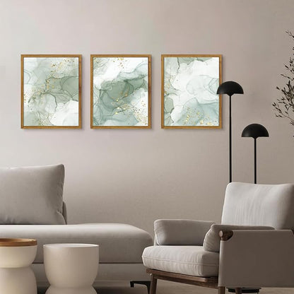 Framed Sage Green Wall Art Set of 3,Abstract Green Wall Decor Living Room,Minimalist Modern Framed Wall Art Marble Line Beige Gold Green Canvas Artwork Paintings,Boho Room Decor,Bedroom Bathroom Office Artwork,12"x16"
