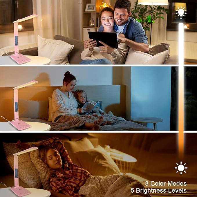 Desk Lamp with Wireless Charger, USB Charging Port, Dimmable Office Desk Light with Clock, Alarm, Date, Temperature, Foldable Lamp for Table Bedroom Bedside Office (Pink)