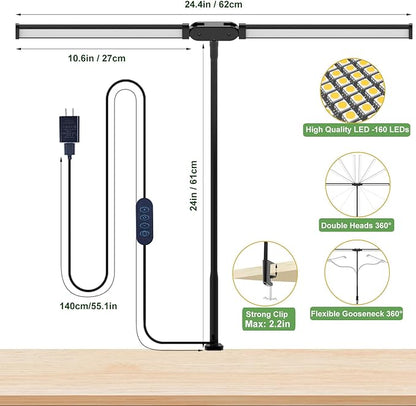 Desk Lamp for Office Home - LED Reading Light 160 LEDs with Clamp Table Lamps Eye-Caring Study Clip on Lights 3 Modes & Stepless Dimming Double Head Computer Lighting for Home, Office and Bedroom