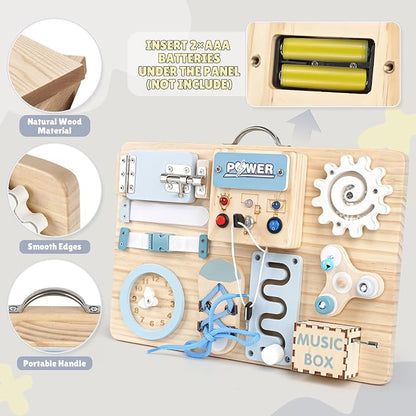 Joyreal Wooden Busy Board for Toddlers, 10-in-1 Montessori Sensory Toys with Music Box, Activity Learning Board with Door Hidden Mirror, Educational Travel Toy for 1 2 3 Year Old Boys Girls