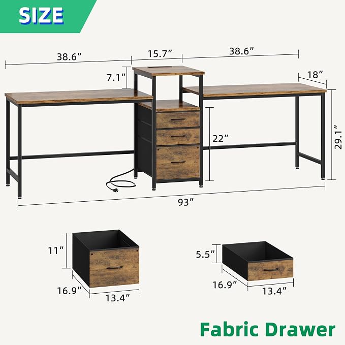 GYIIYUO 93'' Two Person Desk with Charging Station, Long Desk with 3 Drawer | Double Computer Desk with Printer Shelf, 2 Person Writing Study Table Workstation for Home Office, Rustic Brown