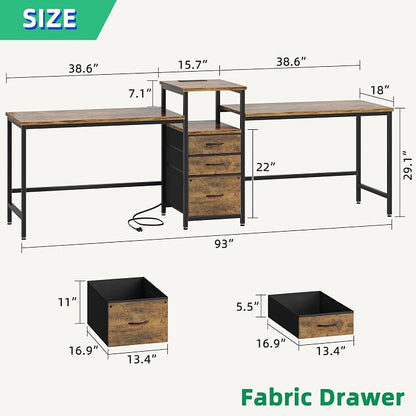 GYIIYUO 93'' Two Person Desk with Charging Station, Long Desk with 3 Drawer | Double Computer Desk with Printer Shelf, 2 Person Writing Study Table Workstation for Home Office, Rustic Brown