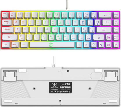 Snpurdiri 60% Percent Gaming Keyboard (68 Keys, White) | Compact RGB Backlit Ergonomic Small Mini Keyboard for Windows, PC, Laptop, Gaming