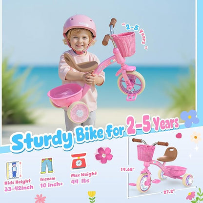 Kkdi Toddler Tricycle for 1-3 3-5 Year Olds, 2 3 4 5 Year Old Girl Birthday Gifts, Pink Toddler Baby Bike, Outdoor Riding Toys for Ages 2-4, 4-Level Adjustable Seat, 3 Color Light Wheels, 2 Baskets