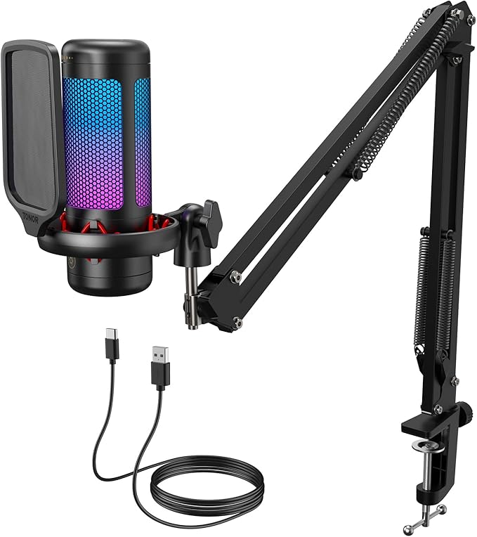 TONOR Gaming Microphone Set with Boom Arm, Vocal Condenser Microphone for Content Creators, USB Mic for PC with Stand, RGB, Tap Mute, Gain Control, Gaming Equipemnt, Twitch, Streaming, TC310+ | Boom Arm Set, USB Mic with Controllable Light, One Tap Mut...