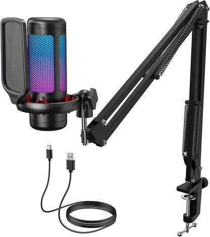 TONOR Gaming Microphone Set with Boom Arm, Vocal Condenser Microphone for Content Creators, USB Mic for PC with Stand, RGB, Tap Mute, Gain Control, Gaming Equipemnt, Twitch, Streaming, TC310+ | Boom Arm Set, USB Mic with Controllable Light, One Tap Mut...