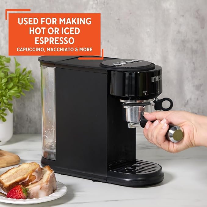 IMUSA 1 or 2 Cup Electric Slimbrew Espresso Cappuccino Coffee Maker, Black | Matte Finish, 20 Bar Pump, Milk Frother, Fast Heating, Hot or Iced Drinks, Home Baristas