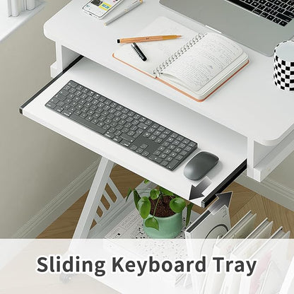 ALISENED Computer Desk for Small Spaces Compact Desk with Keyboard Tray | 23.6" Z-Shaped, with Wheels and Bottom Shelves, for Home Office, Computer Cart Mobile Laptop Cart, White