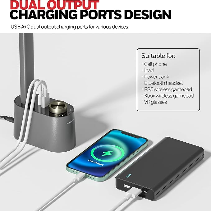 Honeywell HWT-H01 LED Desk Lamp Stepless Dimmable Table Lamp with USB A+C Dual Charging Port Eye-Caring Foldable Desk Light with 3 Color Modes for Home Office Bedroom Reading Study Sunturalux (Gray) | Sunturalux Eye Protection Light with Charging Ports...